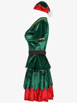 Women Christmas Costume Green Polyester Fiber Dress Hat Color Block Holidays Costumes Full Set