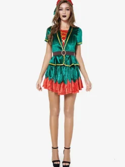 Women Christmas Costume Green Polyester Fiber Dress Hat Color Block Holidays Costumes Full Set