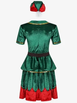 Women Christmas Costume Green Polyester Fiber Dress Hat Color Block Holidays Costumes Full Set