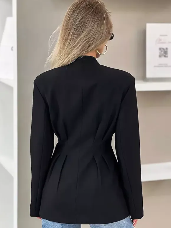 Women Collarless V Neck Cinched Waist Pleated Single Breasted Blazer Jacket