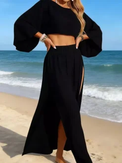 Women Cover Ups White Split Front Jewel Neck Long Sleeves Summer Beach Swimming Suits