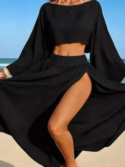 Women Cover Ups White Split Front Jewel Neck Long Sleeves Summer Beach Swimming Suits