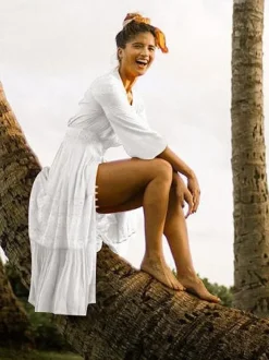 Women Cover Ups White V-Neck 3/4 Length Sleeves Summer Beach Swimwear