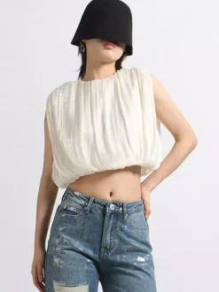 Women Crop Top Apricot Jewel Neck Chic Pleated Sleeveless Tops