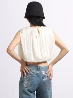 Women Crop Top Apricot Jewel Neck Chic Pleated Sleeveless Tops