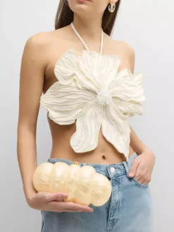Women Crop Top Black Backless Flowers Pearls Halter Sleeveless Chic Tops