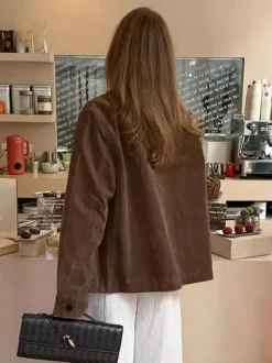 Women Faux Suede Lapel Button Down Cropped Jacket Pocket Vintage Casual Coat