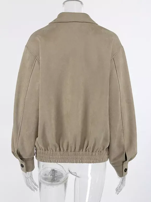 Women Faux Suede Lapel Zip Bomber Jacket Elastic Rib Hem Cropped Casual Coat