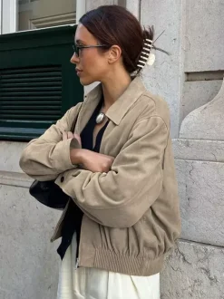 Women Faux Suede Lapel Zip Bomber Jacket Elastic Rib Hem Cropped Casual Coat
