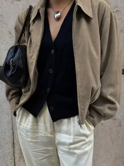 Women Faux Suede Lapel Zip Bomber Jacket Elastic Rib Hem Cropped Casual Coat