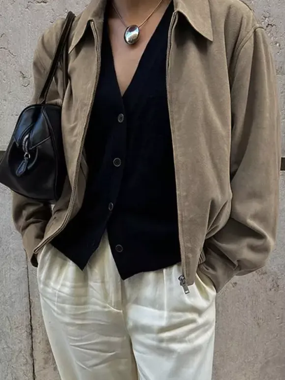 Women Faux Suede Lapel Zip Bomber Jacket Elastic Rib Hem Cropped Casual Coat