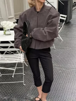 Women Faux Suede Stand Collar Zip Up Oversized Cropped Bomber Jacket