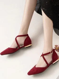 Women Flat Shoes Burgundy Pointed Toe Criss-Cross Ankle Strap Ballerina Flats