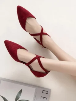 Women Flat Shoes Burgundy Pointed Toe Criss-Cross Ankle Strap Ballerina Flats