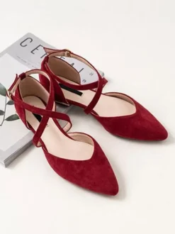 Women Flat Shoes Burgundy Pointed Toe Criss-Cross Ankle Strap Ballerina Flats