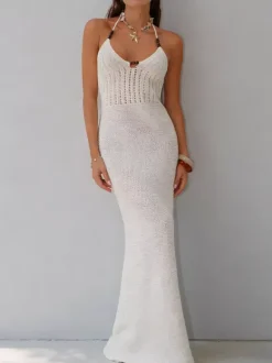 Women Halter Knit Mermaid Maxi Dress Backless Tie Bodycon Formal Party Gown