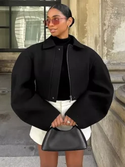 Women Lapel Collar Batwing Oversleeve Zip Up Cropped Wool Blend Jacket