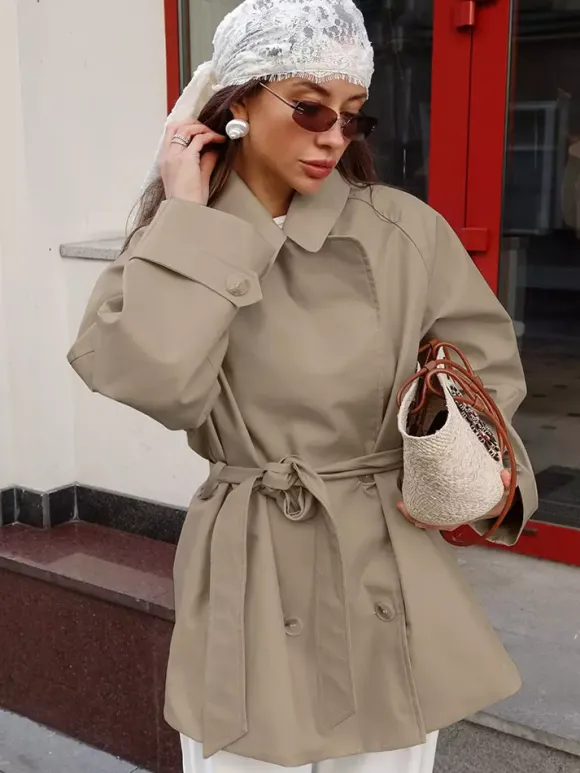 Women Lapel Self Belt Waist Tie Oversized Short Trench Coat Windbreaker Jacket