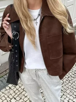 Women Lapel Zip Up Patch Pocket Oversized Cropped Faux Suede Jacket