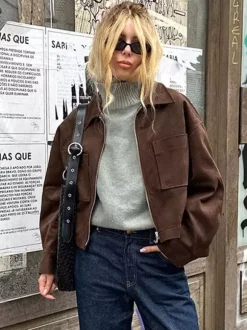 Women Lapel Zip Up Patch Pocket Oversized Cropped Faux Suede Jacket