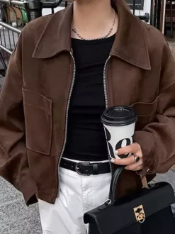 Women Lapel Zip Up Patch Pocket Oversized Cropped Faux Suede Jacket