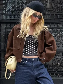 Women Lapel Zip Up Patch Pocket Oversized Cropped Faux Suede Jacket
