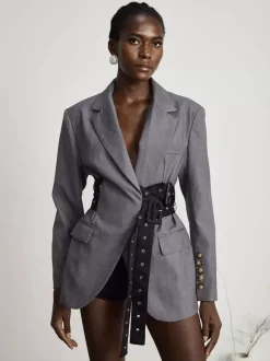 Women Notched Lapel Belted Rivet Strap Cinched Waist Blazer Mini Dress