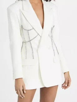 Women Notched Lapel Rhinestone Chain Cutout Mini Blazer Dress