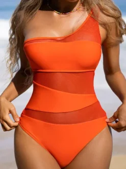 Women One Piece Swimsuits Orange Red Color Block Piping One-Shoulder Layered Summer Sexy Bathing Suits