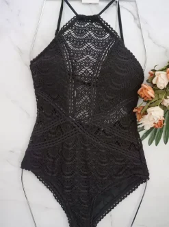 Women One Piece Swimsuits Black Lace Jewel Neck Backless Summer Beach Swimwear