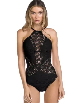 Women One Piece Swimsuits Black Lace Jewel Neck Backless Summer Beach Swimwear