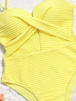 Women One Piece Swimsuits Yellow Cut Out Straps Neck Cross Front Summer Beach Bathing Suits