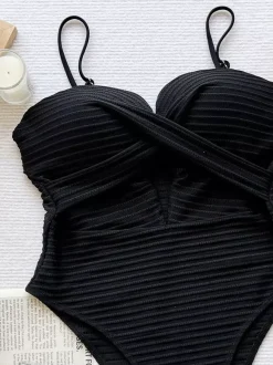 Women One Piece Swimsuits Yellow Cut Out Straps Neck Cross Front Summer Beach Bathing Suits