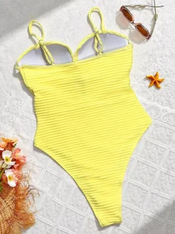 Women One Piece Swimsuits Yellow Cut Out Straps Neck Cross Front Summer Beach Bathing Suits
