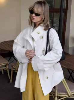 Women Oversized Lapel Double Breasted Mid Length Loose Trench Coat Jacket