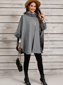 Women Poncho Stand Collar Khaki Asymmetrical Cape