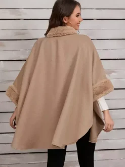 Women Poncho Stand Collar Khaki Asymmetrical Cape