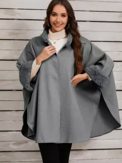 Women Poncho Stand Collar Khaki Asymmetrical Cape