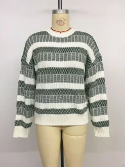 Women Pullover Sweater Hunter Green Two-Tone Jewel Neck Long Sleeves Layered Acrylic Sweaters