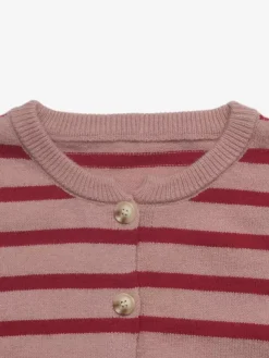 Women Pullover Sweater Red Buttons Stripes Jewel Neck Long Sleeves Sweaters