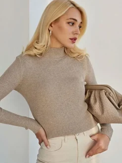 Women Pullover Tops High Collar Long Sleeves Sweaters