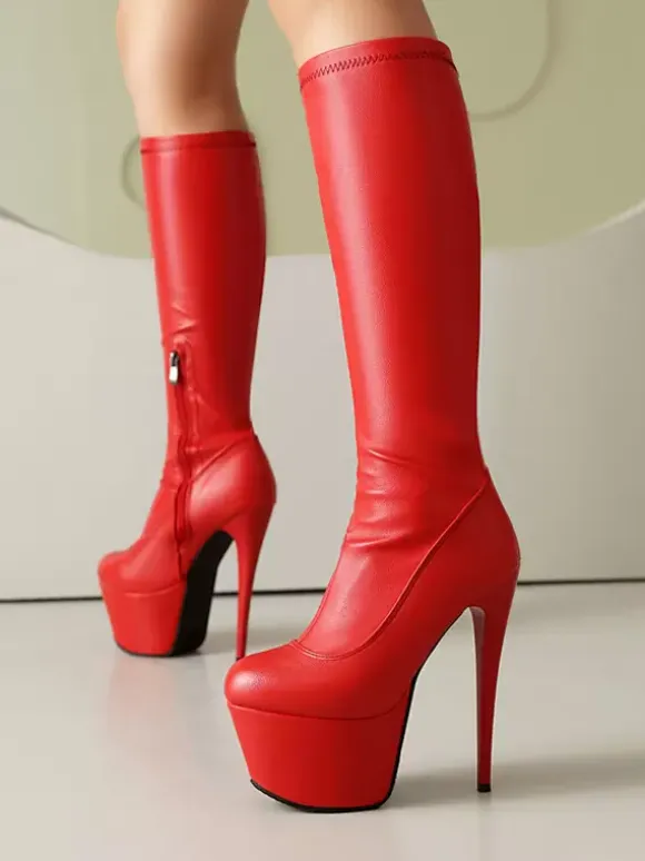 Women Sexy Boots Black Platform Round Toe Stiletto Heel Knee High Boots