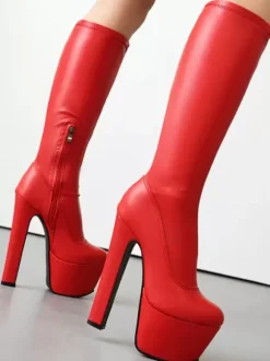 Women Sexy Boots Round Toe Chunky Heel Daily Casual Red Thigh High Boots Over The Knee Boots