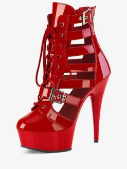 Women Sexy Boots Round Toe Lace Up Buckle Stripes Stiletto Heel Pole Dance Shoes