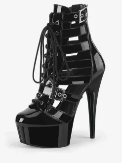 Women Sexy Boots Round Toe Lace Up Buckle Stripes Stiletto Heel Pole Dance Shoes
