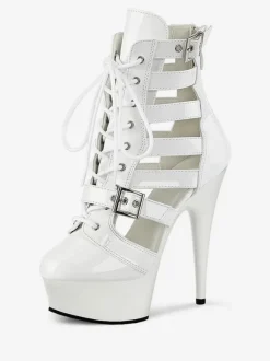 Women Sexy Boots Round Toe Lace Up Buckle Stripes Stiletto Heel Pole Dance Shoes