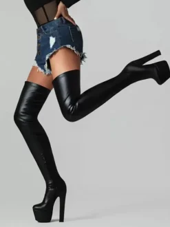 Women Sexy Boots Round Toe Chunky Heel Daily Casual PU Black Thigh High Boots Over The Knee Boots