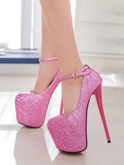 Women Sexy High Heels Pink Square Toe Sequined Ankle Strap Stiletto Heels Sexy Shoes