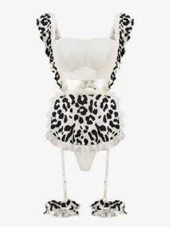 Women Sexy Maid Costume Cow Pattern Women's Leg Warmer Apron T-back Top Servant Girl Costumes