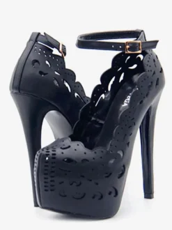Women Sexy Platform Black Wedding HeelsHollow Out Stiletto Heel Ankle Strap Pumps